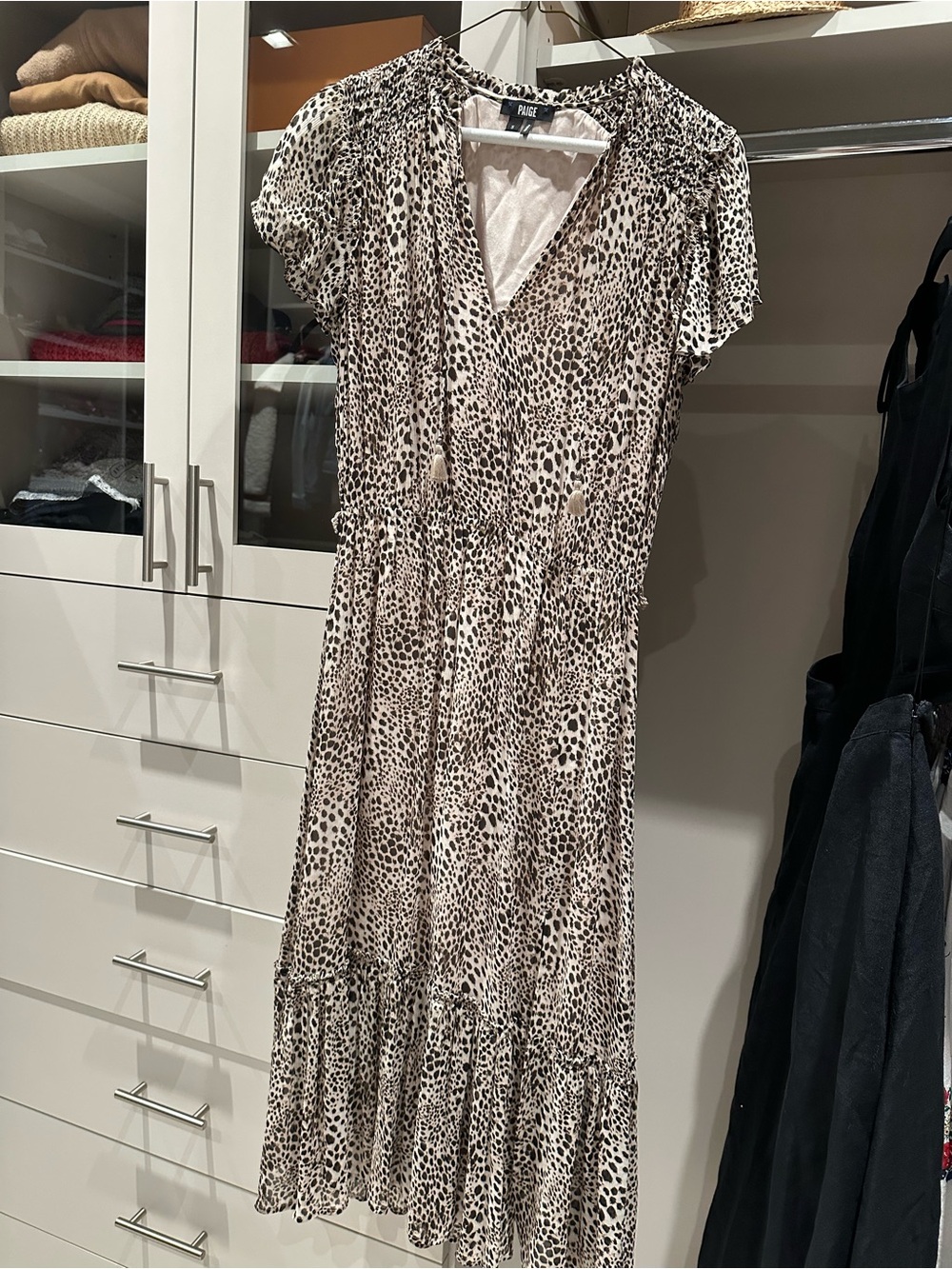 Paige Animal Print Short-Sleeve Midi Dress in Ivory/Black missing fabric belt